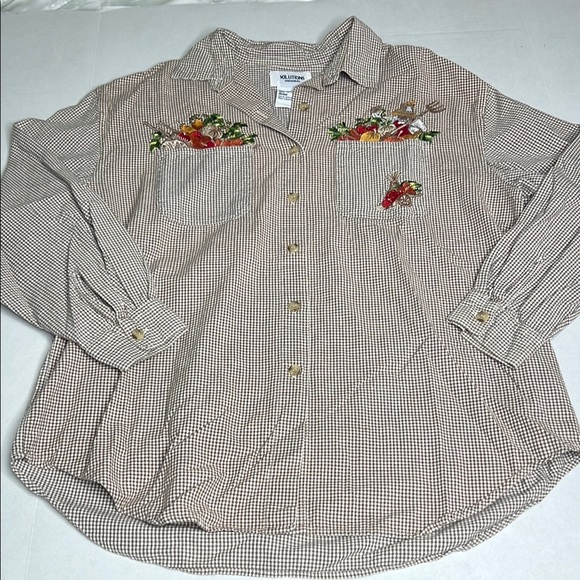 VTG Solutions Original Gingham Plaid Button Down Fall Embroidered Top Size L - Picture 2 of 6